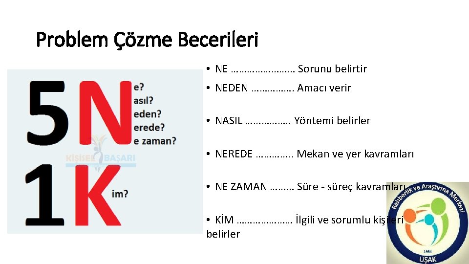 Problem Çözme Becerileri • NE ………… Sorunu belirtir • NEDEN ……………. Amacı verir •