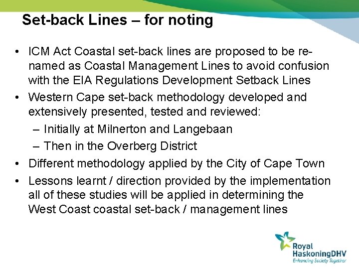 Set-back Lines – for noting • ICM Act Coastal set-back lines are proposed to