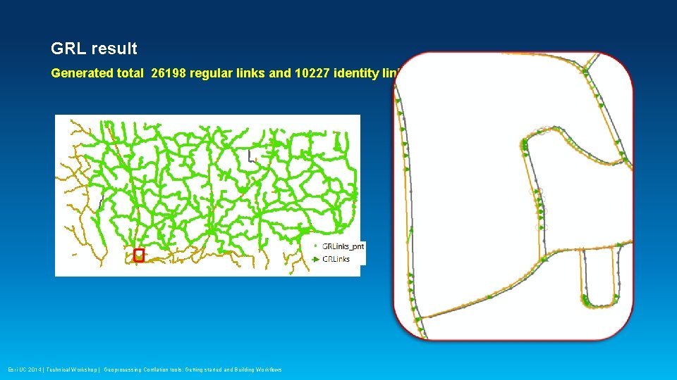 GRL result Generated total 26198 regular links and 10227 identity links Esri UC 2014