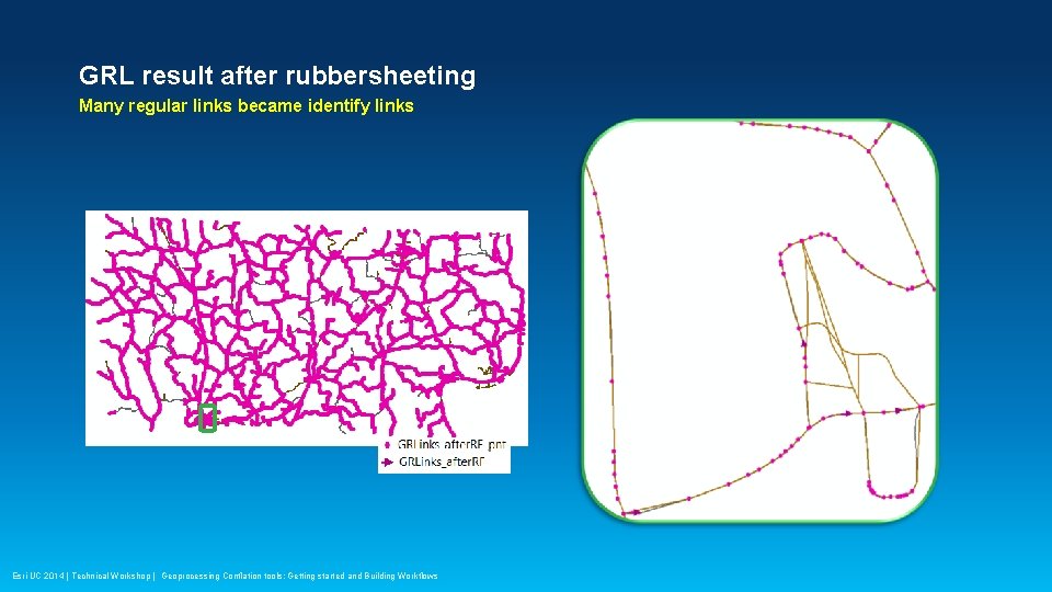 GRL result after rubbersheeting Many regular links became identify links Esri UC 2014 |