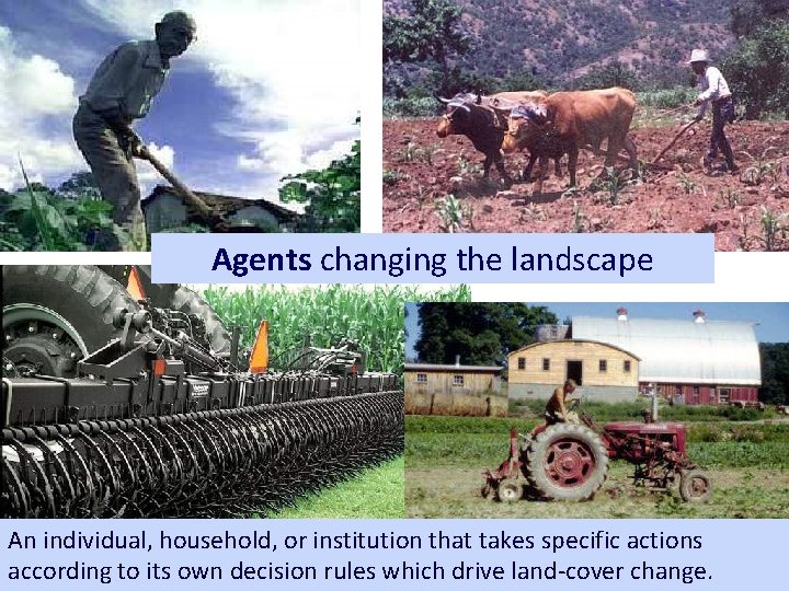 Agents changing the landscape An individual, household, or institution that takes specific actions according