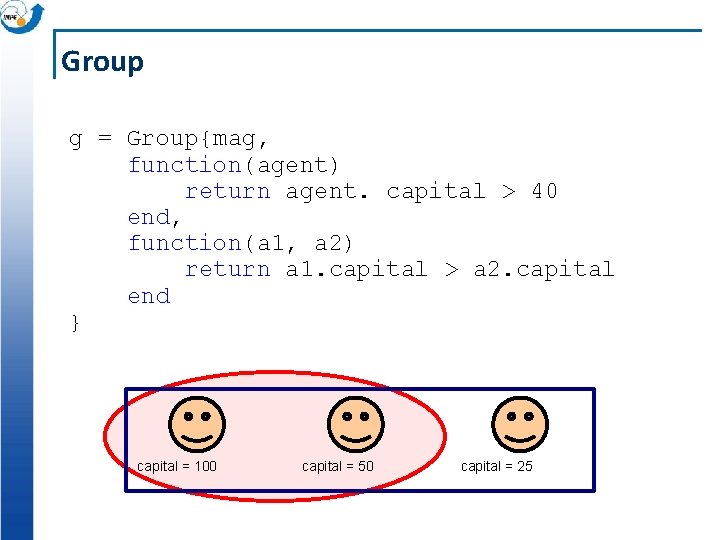 Group g = Group{mag, function(agent) return agent. capital > 40 end, function(a 1, a