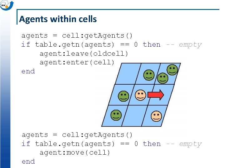 Agents within cells agents = cell: get. Agents() if table. getn(agents) == 0 then