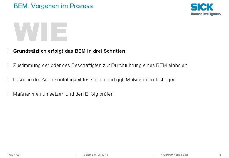 BEM: Vorgehen im Prozess WIE : Grundsätzlich erfolgt das BEM in drei Schritten :