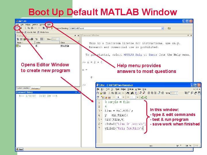 Boot Up Default MATLAB Window Opens Editor Window to create new program Help menu Boot Up Default MATLAB Window Opens Editor Window to create new program Help menu