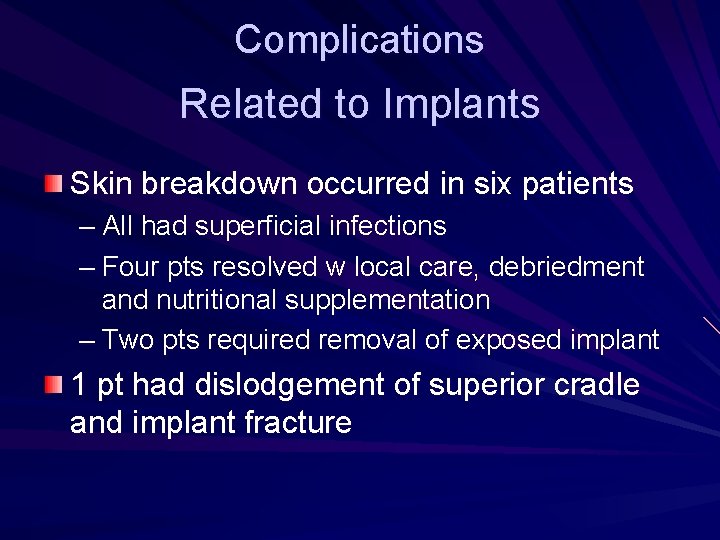 Complications Related to Implants Skin breakdown occurred in six patients – All had superficial Complications Related to Implants Skin breakdown occurred in six patients – All had superficial