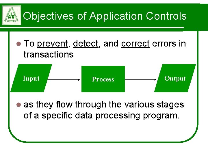 Objectives of Application Controls l To prevent, detect, and correct errors in transactions Input