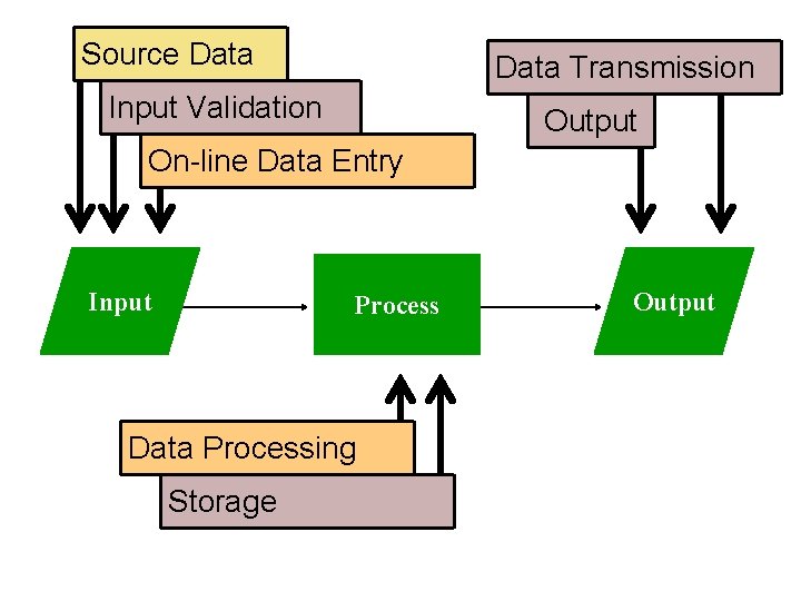 Source Data Transmission Input Validation Output On-line Data Entry Input Process Data Processing Storage