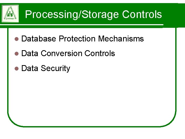 Processing/Storage Controls l Database Protection Mechanisms l Data Conversion Controls l Data Security 