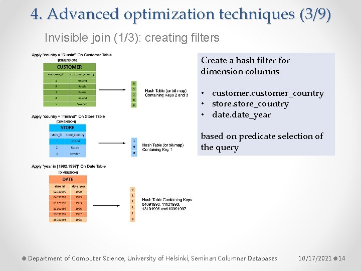 4. Advanced optimization techniques (3/9) Invisible join (1/3): creating filters Create a hash filter