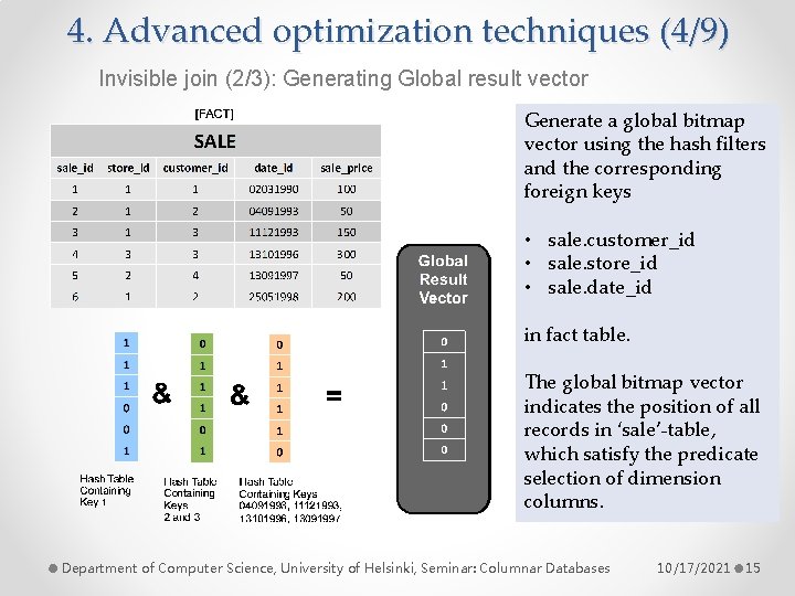 4. Advanced optimization techniques (4/9) Invisible join (2/3): Generating Global result vector Generate a