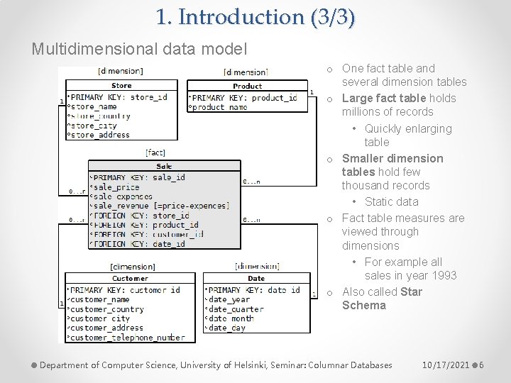 1. Introduction (3/3) Multidimensional data model o One fact table and several dimension tables