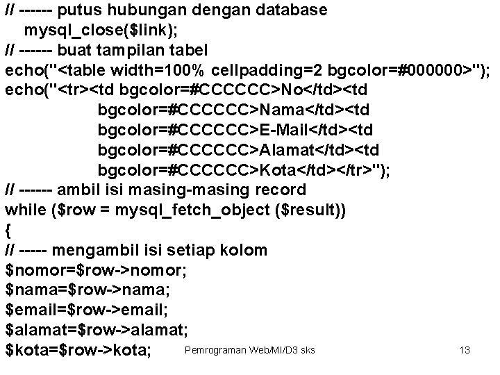 // ------ putus hubungan dengan database mysql_close($link); // ------ buat tampilan tabel echo("<table width=100% // ------ putus hubungan dengan database mysql_close($link); // ------ buat tampilan tabel echo("<table width=100%