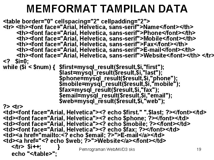 MEMFORMAT TAMPILAN DATA <table border="0" cellspacing="2" cellpadding="2"> <tr> <th><font face="Arial, Helvetica, sans-serif">Name</font></th> <th><font face="Arial, MEMFORMAT TAMPILAN DATA <table border="0" cellspacing="2" cellpadding="2"> <tr> <th><font face="Arial, Helvetica, sans-serif">Name</font></th> <th><font face="Arial,