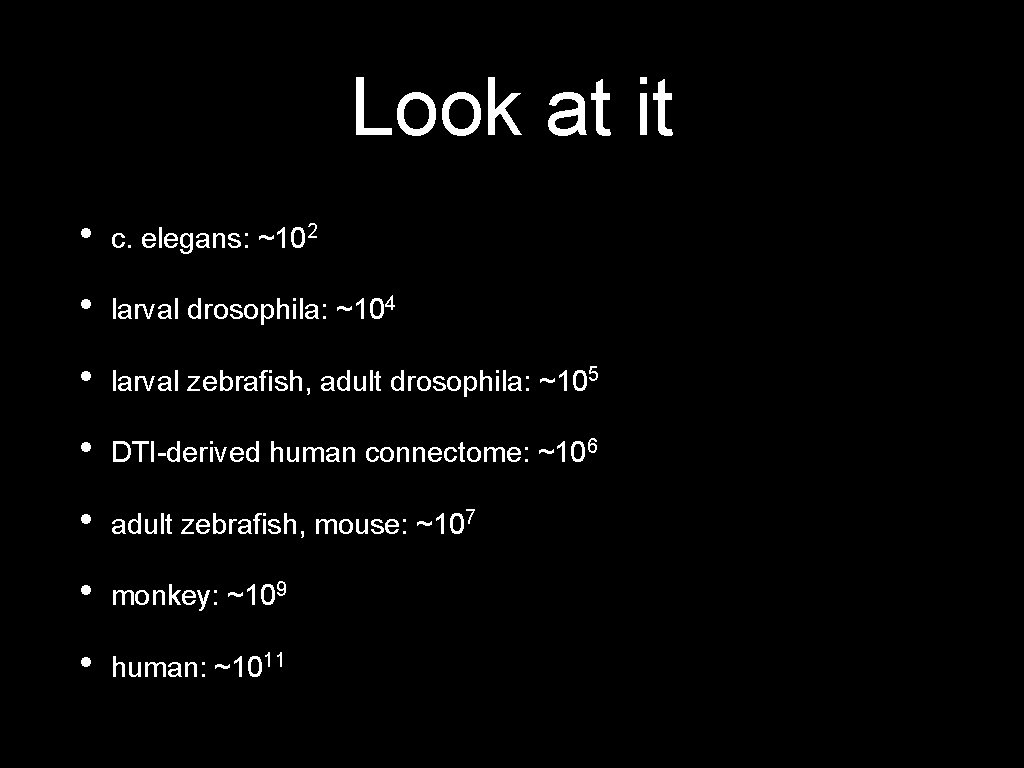 Look at it • c. elegans: ~102 • larval drosophila: ~104 • larval zebrafish,