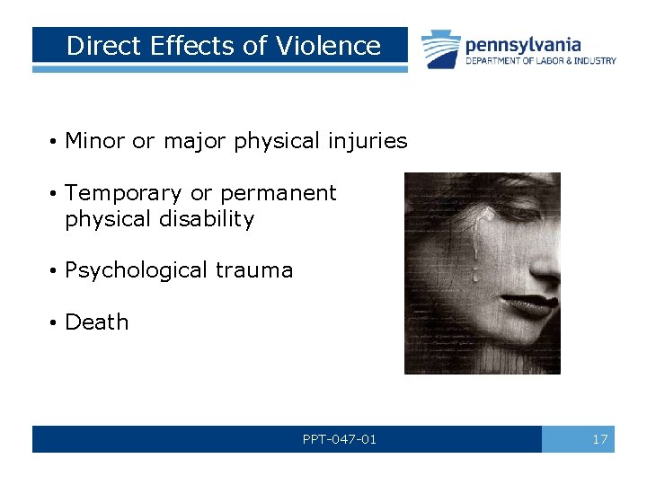 Direct Effects of Violence • Minor or major physical injuries • Temporary or permanent