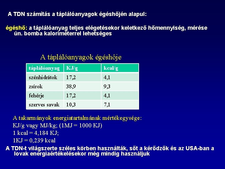 A TDN számítás a táplálóanyagok égéshőjén alapul: égéshő: a táplálóanyag teljes elégetésekor keletkező hőmennyiség,