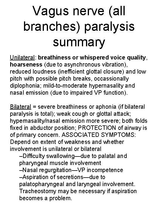 Vagus nerve (all branches) paralysis summary Unilateral: breathiness or whispered voice quality, hoarseness (due