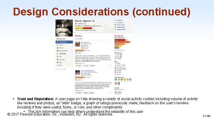 Design Considerations (continued) • Trust and Reputation: A user page on Yelp showing a