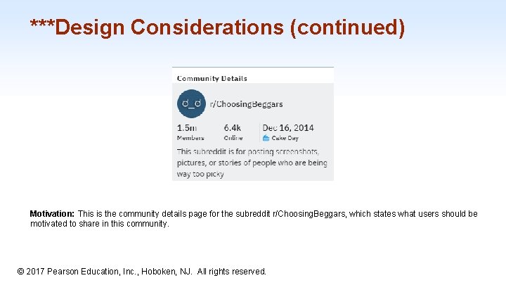 ***Design Considerations (continued) Motivation: This is the community details page for the subreddit r/Choosing.