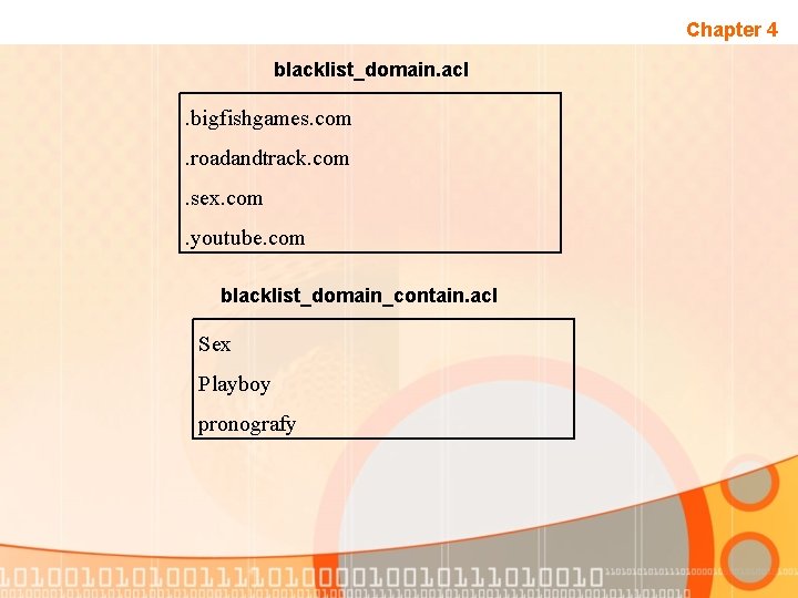 Chapter 4 blacklist_domain. acl . bigfishgames. com. roadandtrack. com. sex. com. youtube. com blacklist_domain_contain.