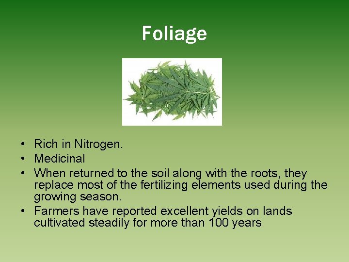 Foliage • Rich in Nitrogen. • Medicinal • When returned to the soil along