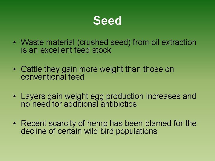 Seed • Waste material (crushed seed) from oil extraction is an excellent feed stock