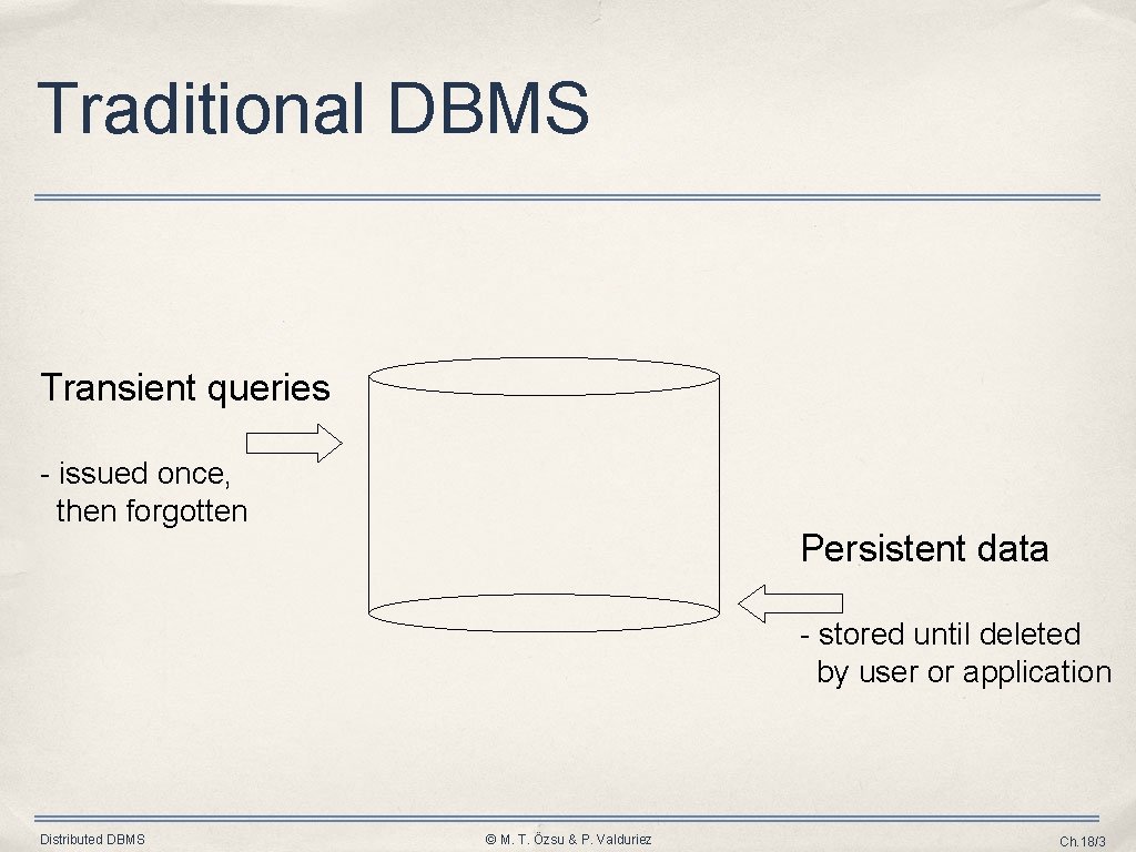 Traditional DBMS Transient queries - issued once, then forgotten Persistent data - stored until