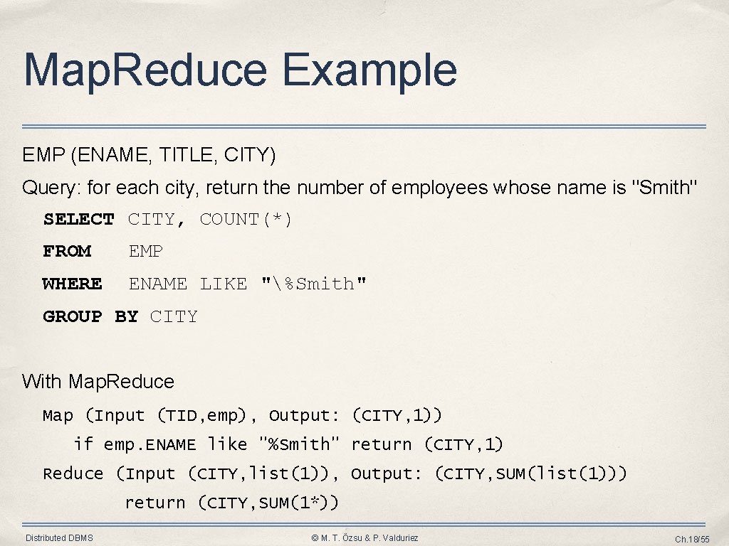 Map. Reduce Example EMP (ENAME, TITLE, CITY) Query: for each city, return the number