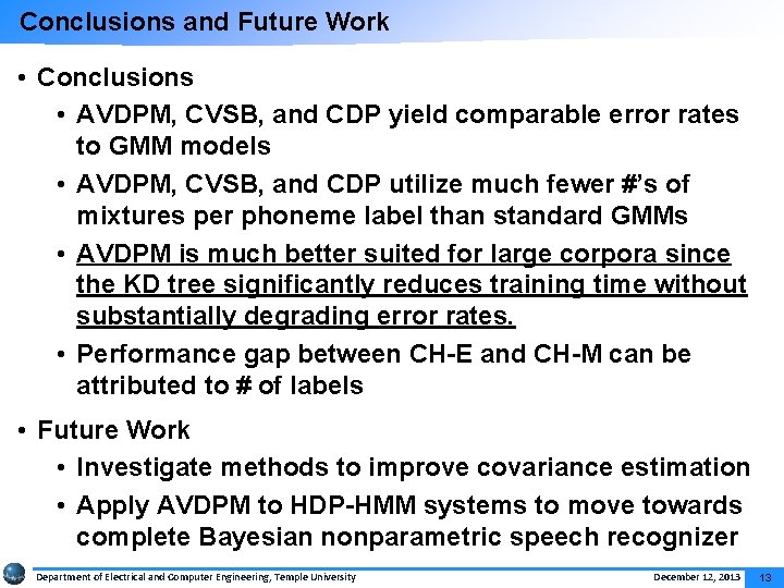 Conclusions and Future Work • Conclusions • AVDPM, CVSB, and CDP yield comparable error