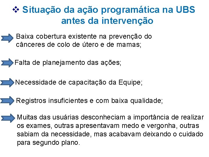 v Situação da ação programática na UBS antes da intervenção Baixa cobertura existente na