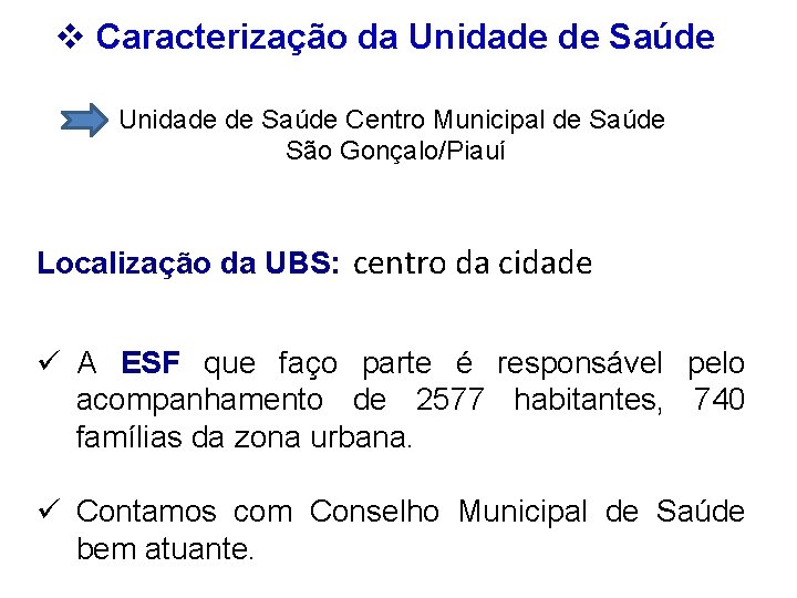 v Caracterização da Unidade de Saúde Centro Municipal de Saúde São Gonçalo/Piauí Localização da