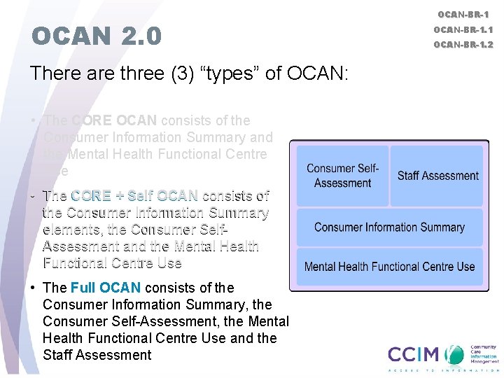 OCAN 2. 0 There are three (3) “types” of OCAN: • The CORE OCAN