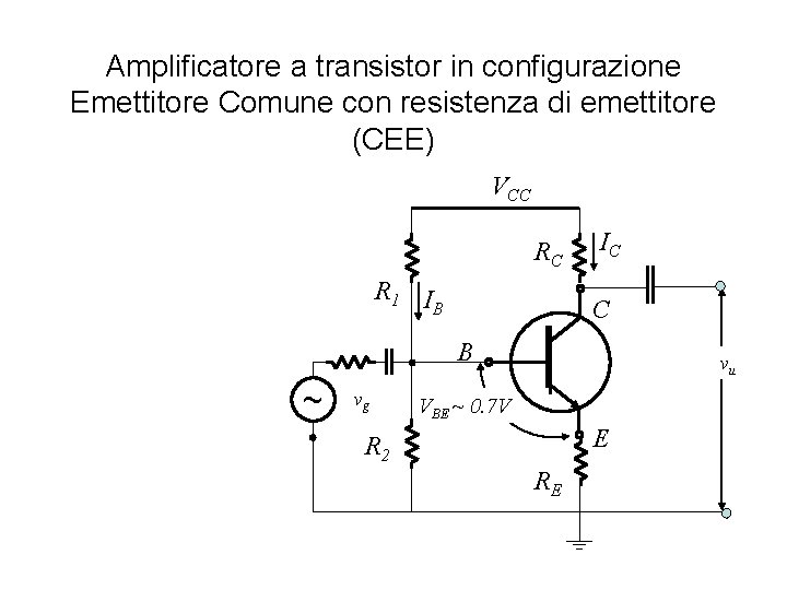 Amplificatore a transistor in configurazione Emettitore Comune con resistenza di emettitore (CEE) VCC RC