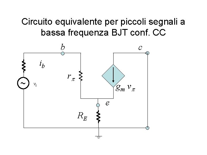 Circuito equivalente per piccoli segnali a bassa frequenza BJT conf. CC c b ib