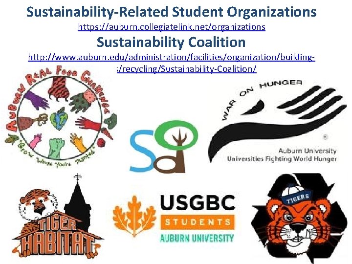 Sustainability-Related Student Organizations https: //auburn. collegiatelink. net/organizations Sustainability Coalition http: //www. auburn. edu/administration/facilities/organization/buildingservices/recycling/Sustainability-Coalition/ 