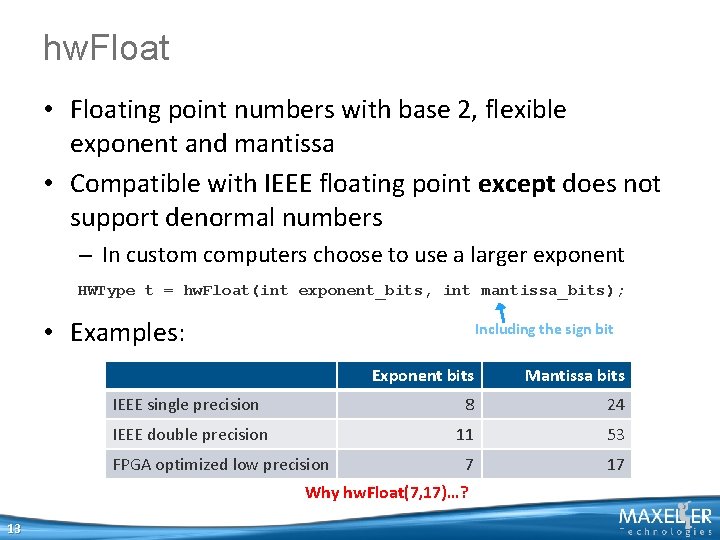 hw. Float • Floating point numbers with base 2, flexible exponent and mantissa •