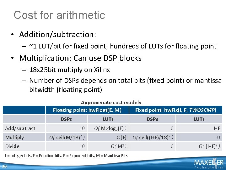 Cost for arithmetic • Addition/subtraction: – ~1 LUT/bit for fixed point, hundreds of LUTs