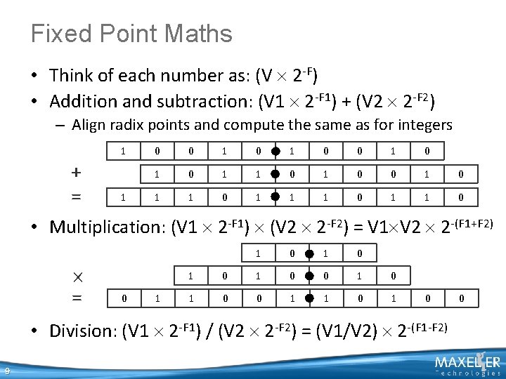 Fixed Point Maths • Think of each number as: (V 2 -F) • Addition