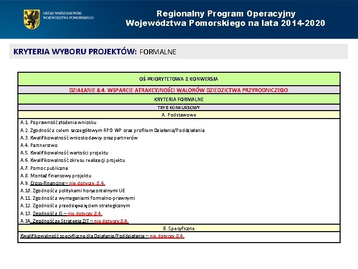 Regionalny Program Operacyjny Województwa Pomorskiego na lata 2014 -2020 KRYTERIA WYBORU PROJEKTÓW: FORMALNE OŚ