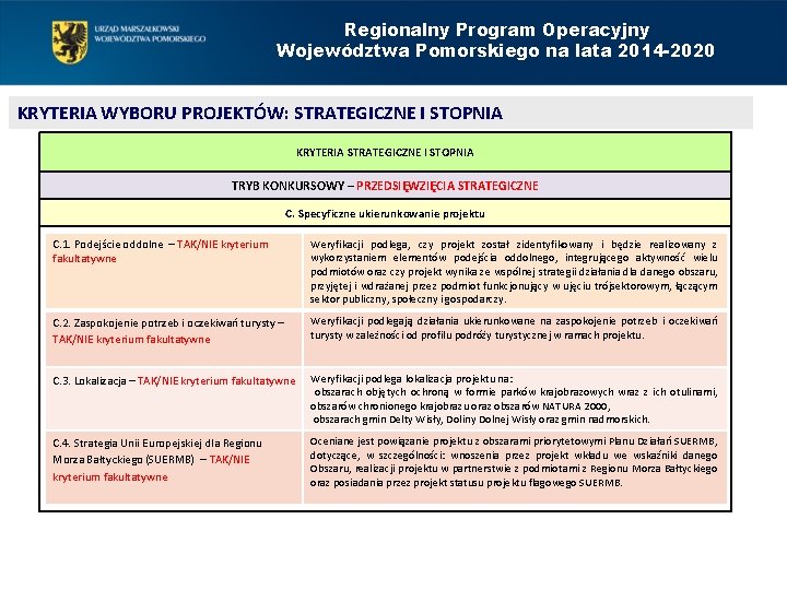 Regionalny Program Operacyjny Województwa Pomorskiego na lata 2014 -2020 KRYTERIA WYBORU PROJEKTÓW: STRATEGICZNE I