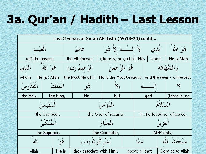 3 a. Qur’an / Hadith – Last Lesson 