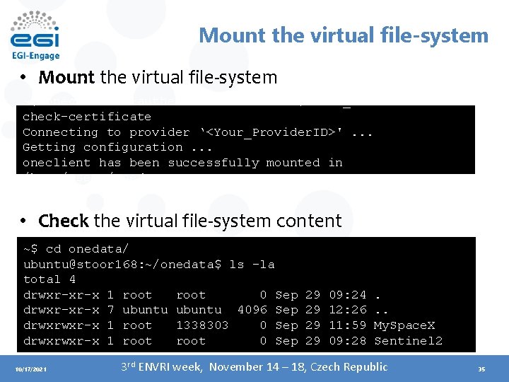 Mount the virtual file-system • Mount the virtual file-system ~$ oneclient --authentication token $MOUNT_POINT