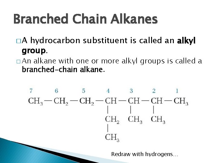 Branched Chain Alkanes �A hydrocarbon substituent is called an alkyl group � An alkane