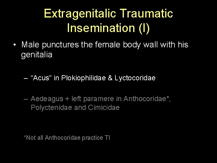 Extragenitalic Traumatic Insemination (I) • Male punctures the female body wall with his genitalia