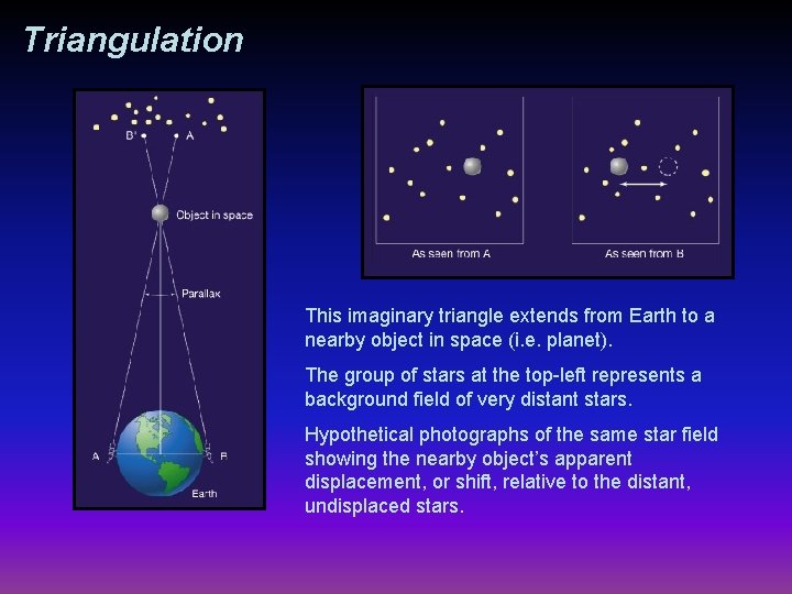 Triangulation This imaginary triangle extends from Earth to a nearby object in space (i.