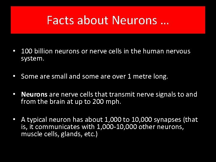 Facts about Neurons … • 100 billion neurons or nerve cells in the human