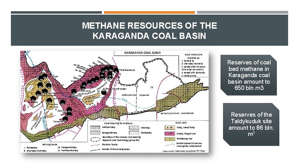 METHANE RESOURCES OF THE KARAGANDA COAL BASIN Coal mines are marked as: 1 Tenteksky