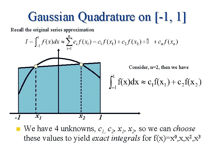 Gaussian Quadrature on [-1, 1] Recall the original series approximation Consider, n=2, then we