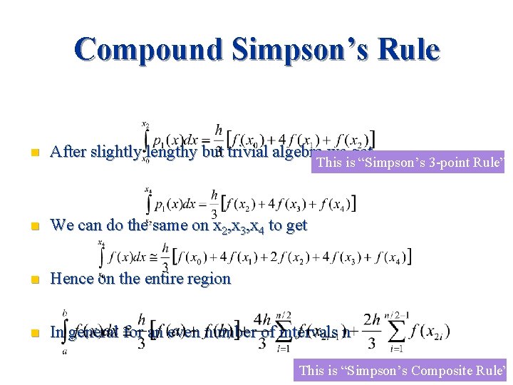 Compound Simpson’s Rule n After slightly lengthy but trivial algebra we get n We